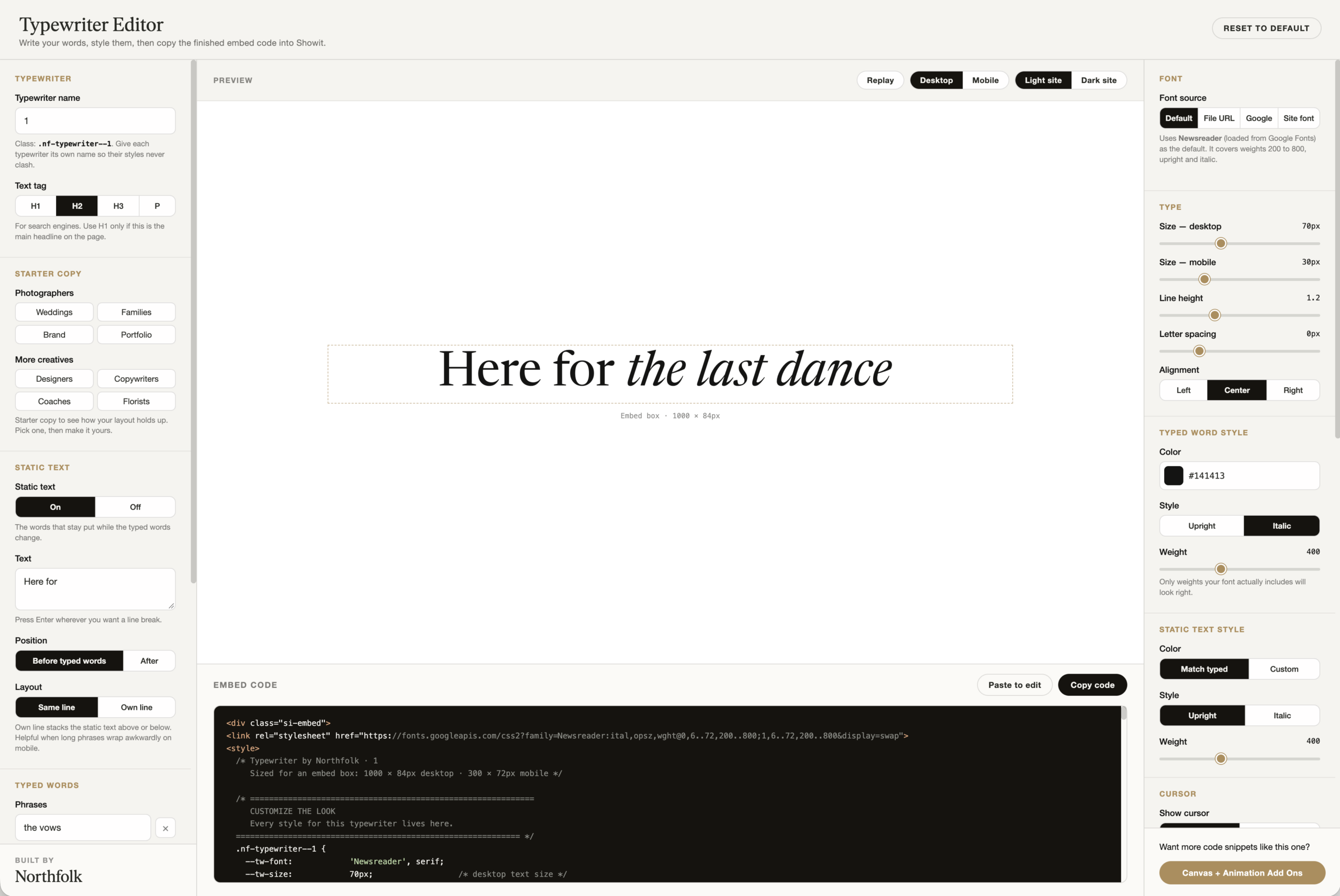 Typewriter Canvas + Code Editor tool editor preview